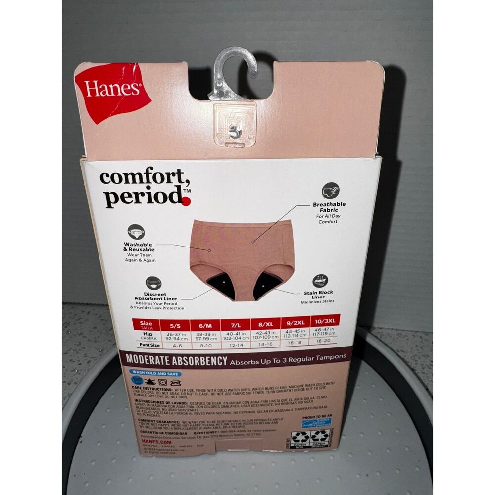 Hanes Comfort Period Underwear 3 Pack Cotton Stretch Briefs Moderate Size 7 L